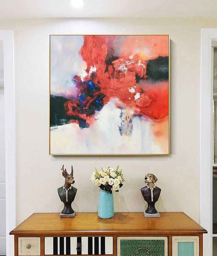 Red Original Dining Beige Contemporary Abstract Canvas Wall Art AWA8T